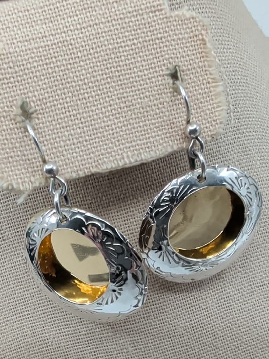 Hand Crafted Jewelry - Vintage Sterling Silver Two Tone Stamped Circle Disc Dangle Earrings Artisan